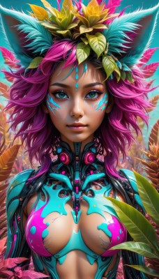 1girl,solo,long hair,breasts,looking at viewer,smile,blue eyes,hair ornament,animal ears,cleavage,medium breasts,closed mouth,green eyes,upper body,pink hair,purple hair,flower,multicolored hair,artist name,cat ears,signature,hair flower,two-tone hair,aqua eyes,lips,eyelashes,bodysuit,gradient hair,makeup,glowing,leaf,facial mark,plant,breasts apart,eyeshadow,science fiction,pink lips,nose,center opening,eyeliner,cyborg,mascara,short hair,fox ears,feathers,realistic,bodypaint