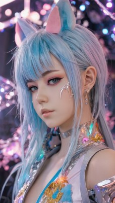 1girl,solo,long hair,breasts,looking at viewer,bangs,blue eyes,animal ears,bare shoulders,jewelry,blue hair,upper body,multicolored hair,earrings,parted lips,choker,cat ears,mole,blurry,lips,grey eyes,makeup,blurry background,facial mark,portrait,eyeshadow,realistic,nose,artist name,collar,eyelashes,depth of field,bokeh