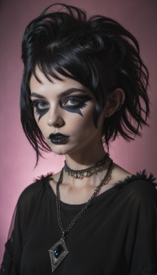 1girl,solo,breasts,looking at viewer,short hair,blue eyes,simple background,shirt,black hair,jewelry,collarbone,upper body,earrings,small breasts,choker,necklace,black eyes,lips,grey eyes,black shirt,eyelashes,makeup,black choker,facial mark,piercing,lipstick,ear piercing,eyeshadow,freckles,realistic,nose,facepaint,mascara,gothic,blue lips,black lips,nose piercing,lip piercing,eyebrow piercing,bangs,artist name,pink background,messy hair,pendant,eyeliner