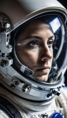 solo,blue eyes,1boy,closed mouth,male focus,signature,lips,facial hair,helmet,portrait,reflection,science fiction,realistic,nose,space,spacesuit,astronaut,black hair,brown eyes,close-up,looking afar,planet,earth (planet),space helmet