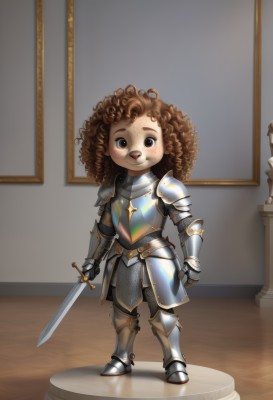 1girl,solo,long hair,looking at viewer,smile,brown hair,holding,brown eyes,closed mouth,standing,full body,weapon,boots,sword,indoors,holding weapon,armor,black eyes,holding sword,shoulder armor,gauntlets,child,furry,1other,freckles,reflection,curly hair,pauldrons,breastplate,armored boots,greaves,big hair,faulds,knight,full armor,chainmail,plate armor,arms at sides,female child,dirty,painting (object),dirty face,dirty clothes