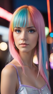 1girl,solo,long hair,breasts,looking at viewer,bangs,blue eyes,cleavage,bare shoulders,jewelry,medium breasts,closed mouth,blue hair,collarbone,upper body,pink hair,multicolored hair,earrings,blunt bangs,blurry,two-tone hair,lips,eyelashes,aqua hair,makeup,depth of field,blurry background,web address,zipper,freckles,realistic,nose,rainbow hair,small breasts,sleeveless,artist name,watermark,expressionless,bokeh