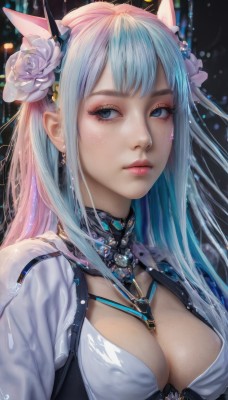 1girl,solo,long hair,breasts,looking at viewer,bangs,blue eyes,large breasts,hair ornament,animal ears,cleavage,jewelry,medium breasts,closed mouth,blue hair,upper body,flower,multicolored hair,earrings,artist name,signature,hair flower,covered nipples,two-tone hair,lips,eyelashes,aqua hair,gradient hair,makeup,white flower,between breasts,eyeshadow,freckles,realistic,nose,eyeliner,mascara,pink hair,horns,rose,expressionless,light particles,pink flower