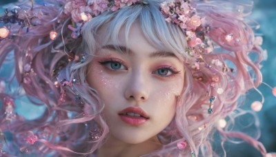 1girl,solo,long hair,looking at viewer,blue eyes,hair ornament,jewelry,pink hair,flower,white hair,multicolored hair,parted lips,teeth,artist name,hair flower,blurry,lips,eyelashes,makeup,floating hair,depth of field,wavy hair,portrait,pink flower,eyeshadow,freckles,realistic,mascara,bangs,earrings,water,grey eyes,watermark,gem,close-up,bubble,underwater,nose,straight-on,pearl (gemstone)