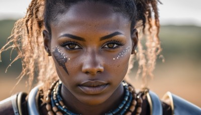 1girl,solo,looking at viewer,blonde hair,brown hair,brown eyes,jewelry,earrings,parted lips,dark skin,necklace,blurry,dark-skinned female,lips,eyelashes,tattoo,makeup,blurry background,facial mark,piercing,portrait,close-up,forehead,freckles,curly hair,realistic,nose,straight-on,very dark skin,dreadlocks,long hair,black hair,yellow eyes,teeth