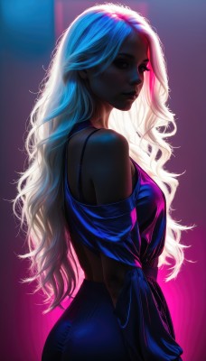 1girl,solo,long hair,breasts,looking at viewer,dress,bare shoulders,brown eyes,medium breasts,blue hair,pink hair,ass,white hair,multicolored hair,dark skin,off shoulder,bra,from side,two-tone hair,dark-skinned female,lips,streaked hair,makeup,wavy hair,eyeshadow,backlighting,nose,detached sleeves,looking back,artist name,blue dress,pink background,curly hair,light,very dark skin,sidelighting