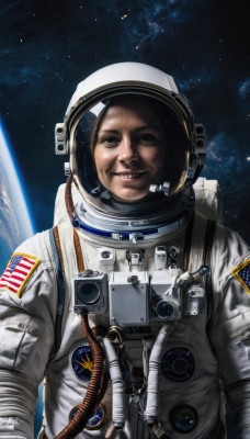 solo,looking at viewer,smile,1boy,upper body,male focus,signature,grin,helmet,star (sky),science fiction,realistic,space,planet,earth (planet),american flag,spacesuit,japanese flag,united states,astronaut,brown eyes,space helmet,american flag print