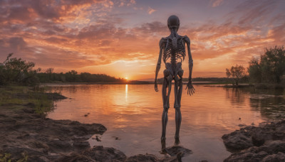 solo, standing, outdoors, sky, cloud, water, tree, no humans, cloudy sky, robot, scenery, reflection, science fiction, sunset, skeleton, river, humanoid robot