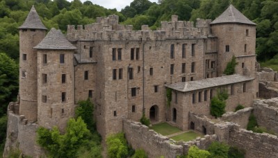 outdoors,sky,day,tree,no humans,window,traditional media,grass,building,nature,scenery,forest,bush,house,castle,rock,architecture,ruins