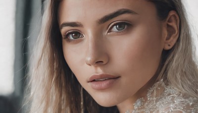 1girl,solo,long hair,looking at viewer,blonde hair,brown hair,brown eyes,jewelry,multicolored hair,earrings,parted lips,teeth,blurry,lips,grey eyes,eyelashes,blurry background,portrait,close-up,freckles,realistic,nose,depth of field