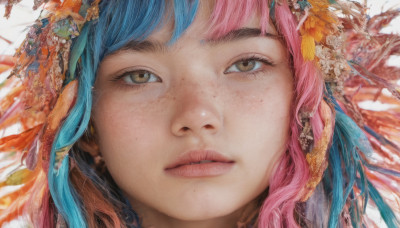 1girl, solo, looking at viewer, bangs, hair ornament, white background, brown eyes, blue hair, pink hair, flower, multicolored hair, parted lips, mole, lips, portrait, mole under mouth, close-up, freckles, realistic, nose