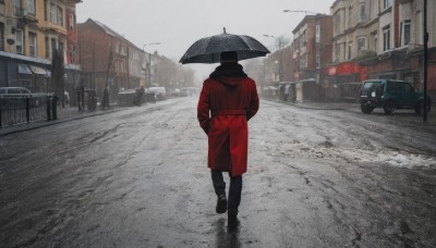 solo,black hair,long sleeves,1boy,hat,holding,jacket,male focus,outdoors,pants,from behind,black footwear,coat,umbrella,black pants,ground vehicle,building,scenery,motor vehicle,red jacket,walking,rain,holding umbrella,city,hands in pockets,car,road,lamppost,street,puddle,grey sky,sky,snow,realistic,power lines,red coat