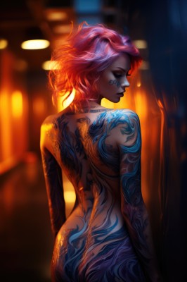 1girl,solo,short hair,closed mouth,closed eyes,pink hair,ass,nude,looking back,from behind,blurry,lips,tattoo,makeup,blurry background,back,realistic,arm tattoo,facial tattoo,back tattoo,full-body tattoo,red hair,dark skin,dark-skinned female,completely nude,watermark