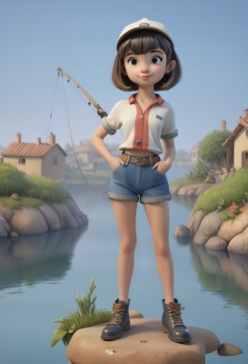 1girl,solo,looking at viewer,smile,short hair,bangs,brown hair,shirt,black hair,hat,brown eyes,closed mouth,standing,full body,white shirt,flower,short sleeves,boots,outdoors,sky,shoes,shorts,day,collared shirt,belt,artist name,blunt bangs,water,black footwear,tree,blue sky,lips,short shorts,buttons,white headwear,grass,denim,building,red shirt,child,baseball cap,blue shorts,denim shorts,hands on hips,rock,hands in pockets,female child,midriff peek,house,river,fishing rod,pond,fishing,navel,midriff,ankle boots