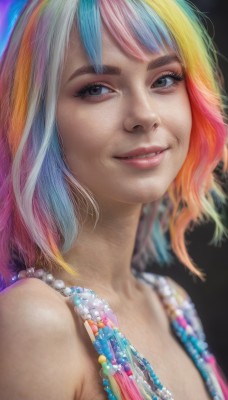 1girl,solo,breasts,looking at viewer,smile,short hair,bangs,blue eyes,blonde hair,bare shoulders,jewelry,blue hair,upper body,pink hair,white hair,multicolored hair,parted lips,teeth,necklace,blurry,two-tone hair,lips,streaked hair,eyelashes,makeup,gem,web address,realistic,nose,rainbow hair,orange hair,grey eyes,watermark,feathers,portrait,beads,pearl necklace