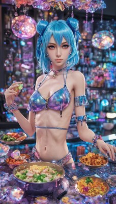 1girl,solo,breasts,looking at viewer,short hair,bangs,blue eyes,navel,holding,cleavage,bare shoulders,jewelry,medium breasts,blue hair,swimsuit,bikini,earrings,small breasts,food,choker,indoors,necklace,stomach,hair bun,nail polish,blurry,bracelet,lips,double bun,depth of field,blurry background,watermark,eating,table,holding food,bikini top only,blue bikini,armlet,blue nails,bowl,realistic,arm strap,aqua hair,web address,plate,beads,coin,cooking