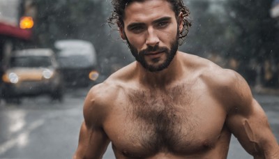 solo,looking at viewer,short hair,black hair,1boy,brown eyes,closed mouth,nipples,upper body,male focus,nude,outdoors,blurry,wet,muscular,blurry background,facial hair,pectorals,muscular male,ground vehicle,bara,motor vehicle,beard,large pectorals,topless male,mature male,realistic,mustache,car,manly,chest hair,arm hair,hairy,smile,scar,thick eyebrows,rain,photo background