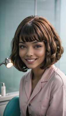 1girl,solo,looking at viewer,smile,short hair,open mouth,bangs,brown hair,shirt,brown eyes,white shirt,upper body,teeth,indoors,grin,blurry,lips,buttons,bob cut,freckles,realistic,nose,breasts,jewelry,earrings,makeup,blurry background,watermark,mirror