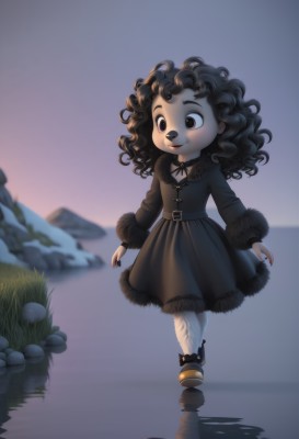 1girl,solo,long hair,smile,black hair,long sleeves,dress,ribbon,brown eyes,closed mouth,standing,full body,outdoors,shoes,belt,artist name,water,black footwear,blurry,black eyes,black dress,fur trim,wavy hair,child,black nails,furry,reflection,walking,curly hair,furry female,brown hair,choker,grass,gothic