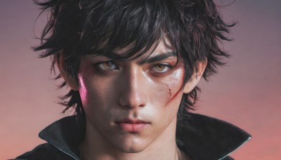 solo,looking at viewer,short hair,bangs,black hair,1boy,brown eyes,closed mouth,male focus,lips,gradient,gradient background,blood,messy hair,portrait,close-up,injury,blood on face,realistic,nose,straight-on,yellow eyes,glowing,scar,pink background,scar on face,serious,cuts,scratches