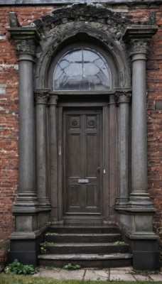 outdoors,day,no humans,window,grass,plant,scenery,stairs,door,wall,ruins,brick wall,pillar,arch,moss,gate,column,stone stairs,clock,bush,architecture,tower,brick