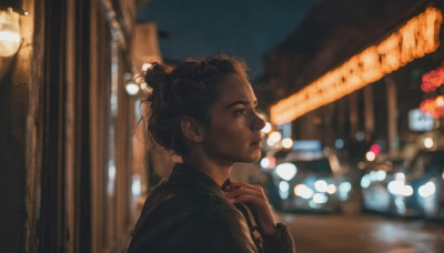 1girl, solo, brown hair, black hair, upper body, outdoors, hair bun, blurry, from side, lips, profile, night, depth of field, blurry background, single hair bun, realistic, nose, bokeh, city lights