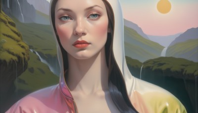 1girl,solo,long hair,looking at viewer,blush,blue eyes,brown hair,black hair,closed mouth,collarbone,jacket,outdoors,hood,water,lips,grey eyes,eyelashes,makeup,lipstick,portrait,hood up,mountain,realistic,nose,sun,red lips,waterfall