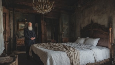 solo,long sleeves,1boy,standing,jacket,male focus,indoors,coat,black jacket,pillow,window,bed,bed sheet,facial hair,on bed,chair,formal,own hands together,suit,curtains,scenery,beard,black coat,lamp,candle,bedroom,wide shot,painting (object),candlestand,chandelier,portrait (object),canopy bed,pants,door,bald,old,horror (theme),cabinet