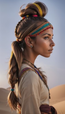 1girl,solo,long hair,breasts,blue eyes,brown hair,shirt,hair ornament,long sleeves,twintails,brown eyes,jewelry,white shirt,upper body,braid,earrings,outdoors,parted lips,sky,day,dark skin,necklace,blurry,twin braids,from side,dark-skinned female,lips,sash,eyelashes,single braid,profile,blurry background,headband,piercing,ear piercing,beads,realistic,nose,hair tie,looking afar,hair beads,multi-tied hair,desert,multiple braids,black hair,teeth,artist name,looking away,stud earrings,tribal