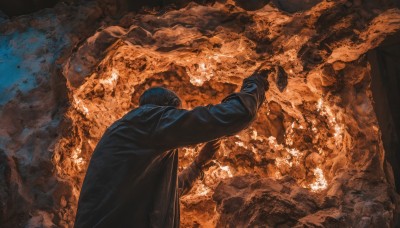 solo,short hair,black hair,gloves,long sleeves,1boy,upper body,male focus,black gloves,from behind,arm up,from side,coat,fire,outstretched arm,black coat,blue coat,standing,jacket,scenery,smoke,robe,burning