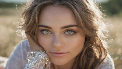 1girl,solo,long hair,looking at viewer,smile,blonde hair,brown hair,shirt,long sleeves,brown eyes,closed mouth,yellow eyes,blurry,lips,eyelashes,depth of field,blurry background,wavy hair,light smile,portrait,close-up,freckles,curly hair,head rest,realistic,nose,outdoors,parted lips,day,wind,hand on own face,hand on own cheek