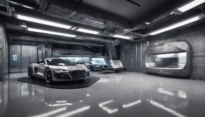 no humans,ground vehicle,motor vehicle,science fiction,realistic,car,vehicle focus,wheel,sports car,seat,indoors,scenery,reflection,rain