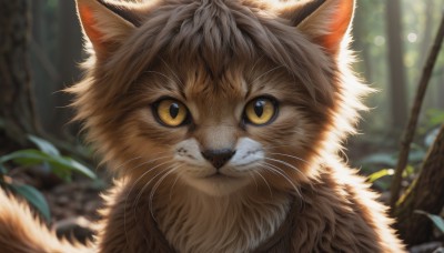 solo,looking at viewer,closed mouth,yellow eyes,outdoors,day,blurry,tree,no humans,depth of field,blurry background,animal,leaf,sunlight,cat,plant,slit pupils,portrait,nature,close-up,forest,colored sclera,realistic,animal focus,whiskers,signature