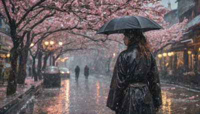 long hair, brown hair, 1boy, holding, outdoors, japanese clothes, solo focus, kimono, from behind, tree, umbrella, cherry blossoms, ground vehicle, motor vehicle, rain, holding umbrella, car, road, transparent, lamppost, street, transparent umbrella, crosswalk