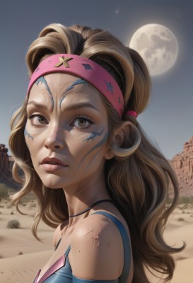 1girl,solo,long hair,breasts,looking at viewer,brown hair,cleavage,bare shoulders,brown eyes,medium breasts,upper body,hairband,outdoors,parted lips,sky,choker,from side,lips,night,headband,moon,portrait,star (sky),night sky,full moon,freckles,realistic,nose,dirty,pink hairband,desert,dirty face,blonde hair,facepaint