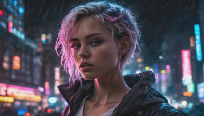 1girl, solo, looking at viewer, short hair, jewelry, jacket, upper body, pink hair, multicolored hair, earrings, outdoors, parted lips, blurry, lips, black jacket, night, depth of field, blurry background, portrait, freckles, rain, realistic, nose, undercut, leather jacket, cyberpunk, neon lights