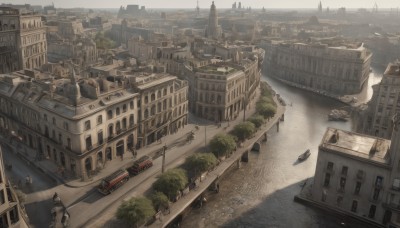 outdoors,multiple boys,day,water,tree,no humans,window,from above,ground vehicle,building,scenery,motor vehicle,6+boys,stairs,city,railing,car,road,cityscape,watercraft,house,bridge,street,river,boat,town,people,dock,flag,vehicle focus,ship,tower,truck