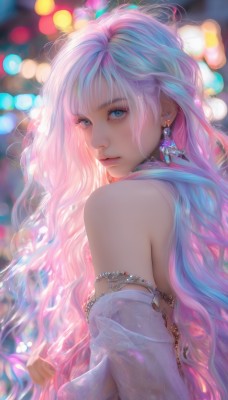 1girl,solo,long hair,breasts,looking at viewer,bangs,blue eyes,dress,bare shoulders,jewelry,very long hair,closed mouth,blue hair,upper body,pink hair,multicolored hair,earrings,detached sleeves,looking back,white dress,blurry,from side,lips,see-through,eyelashes,depth of field,blurry background,wavy hair,gem,realistic,nose,bokeh,artist name,signature,blunt bangs,necklace,strapless,gradient hair,makeup,watermark,expressionless,mascara