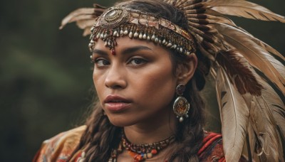 1girl,solo,long hair,looking at viewer,brown hair,black hair,hair ornament,brown eyes,jewelry,braid,earrings,parted lips,teeth,dark skin,necklace,blurry,black eyes,twin braids,dark-skinned female,lips,depth of field,blurry background,headband,feathers,portrait,freckles,circlet,realistic,nose,headdress,feather hair ornament,makeup,lipstick,gem,tribal,native american