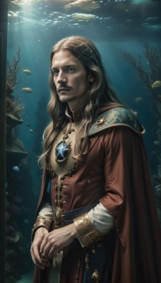 solo,long hair,blue eyes,blonde hair,brown hair,long sleeves,1boy,jewelry,closed mouth,standing,male focus,signature,water,necklace,cape,facial hair,sunlight,own hands together,gem,beard,pendant,fish,light rays,underwater,realistic,mustache,sunbeam,old,coral,wrinkled skin,aquarium,hair ornament,air bubble