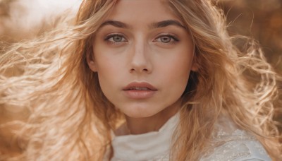 1girl,solo,long hair,looking at viewer,blonde hair,parted lips,teeth,lips,grey eyes,eyelashes,wavy hair,portrait,close-up,freckles,curly hair,realistic,nose,open mouth,bangs,brown hair,brown eyes,artist name,signature,blurry,dated,thick eyebrows,messy hair,brown background