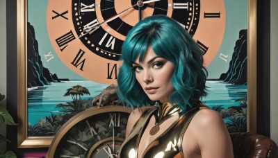 1girl,solo,breasts,looking at viewer,smile,short hair,bare shoulders,blue hair,upper body,green hair,sleeveless,water,lips,clothing cutout,aqua hair,makeup,bird,chair,plant,nose,clock,roman numeral,cleavage,jewelry,medium breasts,sitting,necklace,lake