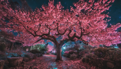 outdoors, sky, tree, no humans, night, cherry blossoms, star (sky), nature, night sky, scenery, starry sky, rock