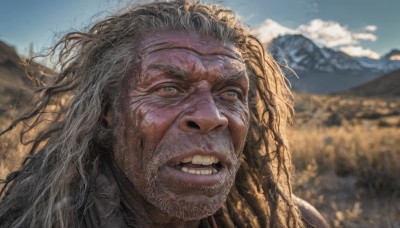 solo,long hair,open mouth,1boy,green eyes,male focus,outdoors,sky,teeth,day,cloud,blurry,blue sky,blurry background,facial hair,clenched teeth,messy hair,portrait,beard,mountain,realistic,looking at viewer,smile,grey hair,scar