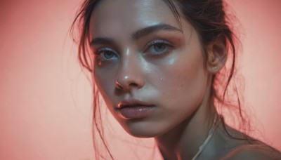 1girl,solo,looking at viewer,simple background,brown hair,black hair,brown eyes,parted lips,mole,black eyes,lips,mole under eye,pink background,portrait,freckles,realistic,nose,jewelry,closed mouth,earrings,shiny,gradient,gradient background,eyelashes,expressionless,red background,close-up