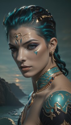 1girl,solo,long hair,breasts,looking at viewer,blue eyes,black hair,hair ornament,cleavage,jewelry,medium breasts,blue hair,upper body,braid,multicolored hair,earrings,outdoors,parted lips,sky,shiny,artist name,dark skin,water,necklace,blurry,from side,dark-skinned female,lips,streaked hair,eyelashes,makeup,blurry background,facial mark,gem,portrait,eyeshadow,freckles,circlet,realistic,nose,eyeliner,forehead jewel,mascara,head chain,closed mouth,aqua eyes,aqua hair,piercing