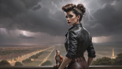 1girl,solo,looking at viewer,smile,short hair,brown hair,brown eyes,jacket,ass,outdoors,sky,belt,looking back,pants,cloud,hair bun,from behind,tree,lips,black jacket,makeup,ocean,animal,single hair bun,cat,cloudy sky,lipstick,dog,realistic,nose,red lips,cityscape,leather,lightning,leather jacket,black hair,jewelry,earrings,signature,night,scenery,sleeves rolled up,eyeshadow,rain,city,horizon,sleeves pushed up,city lights,updo