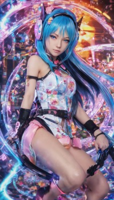 1girl,solo,long hair,breasts,looking at viewer,smile,blue eyes,hair ornament,dress,holding,bare shoulders,jewelry,medium breasts,sitting,underwear,blue hair,panties,weapon,flower,belt,hair flower,lips,clothing cutout,headgear,headphones,floral print,realistic,gloves,hairband,fingerless gloves,ring