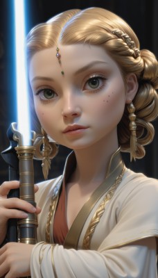 1girl,solo,looking at viewer,blonde hair,hair ornament,long sleeves,holding,jewelry,closed mouth,green eyes,upper body,weapon,braid,earrings,sword,hair bun,holding weapon,mole,lips,fingernails,grey eyes,eyelashes,mole under eye,holding sword,gem,sheath,forehead,freckles,robe,circlet,realistic,fantasy,glowing weapon,energy sword,white robe,glowing sword,lightsaber,nose