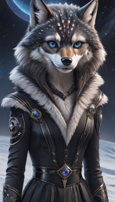 1girl,solo,looking at viewer,blue eyes,long sleeves,animal ears,jewelry,closed mouth,standing,jacket,upper body,outdoors,sky,belt,artist name,signature,necklace,black dress,coat,black jacket,animal ear fluff,fur trim,night,animal,fangs,moon,brooch,gem,star (sky),night sky,furry,full moon,pendant,starry sky,fur collar,black coat,furry female,arms at sides,space,body fur,white fur,planet,animal nose,wolf,whiskers,earth (planet),black fur,snow